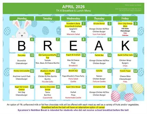 April breakfast and lunch menu for tk-8