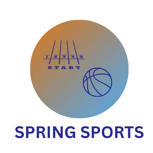 AN orange and light blue ombre circle. Inside there's an outline of a track field and basketball.