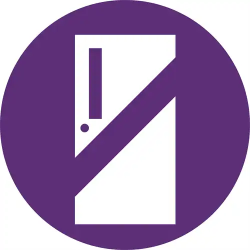 A purple circle icon featuring a white graphic of a door cut diagonally by a wide stripe.