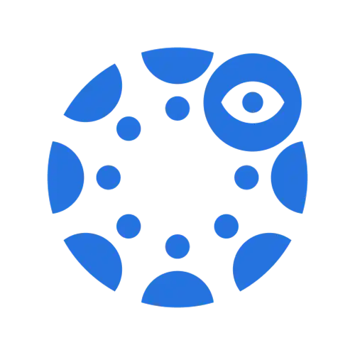 Blue circular logo with an eye symbol.