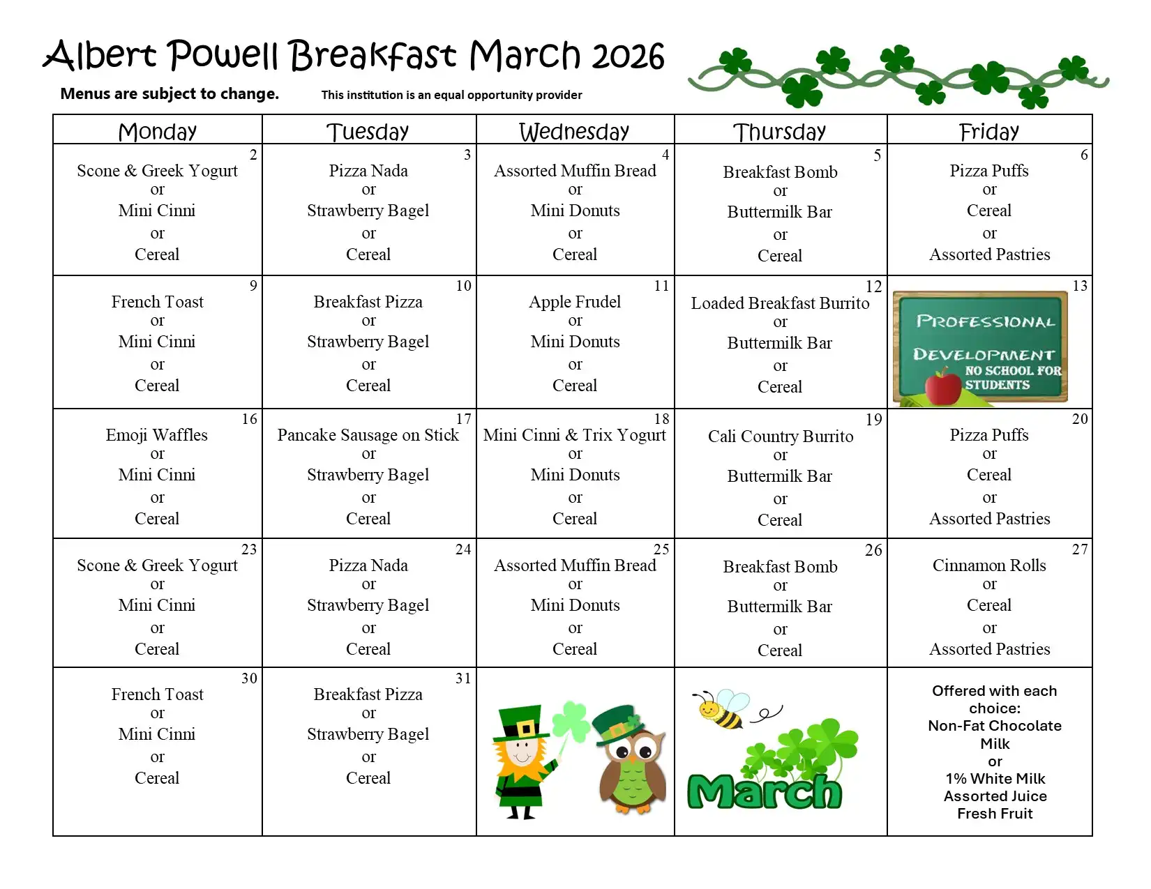 Albert Powell Breakfast Menu March 2026