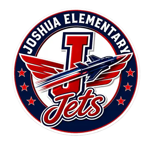 Joshua Elementary round logo with 3 red stars on each side. There is a big red J in the middle with wings and a jet flying in front of it. 
