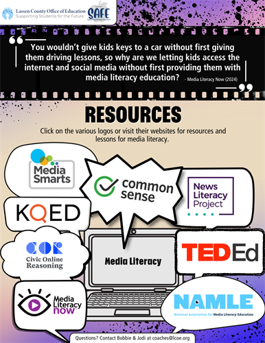 This poster emphasizes the importance of media literacy education for students, comparing it to teaching driving before giving someone keys to a car. It features a quote from Media Literacy Now highlighting the need for media literacy instruction. The poster includes several logos and links to resources for teachers and students, such as Media Smarts, Common Sense Media, News Literacy Project, TEDEd, Civic Online Reasoning, and NAMLE. Contact information for Bobbie & Jodi is provided for further inquiries.