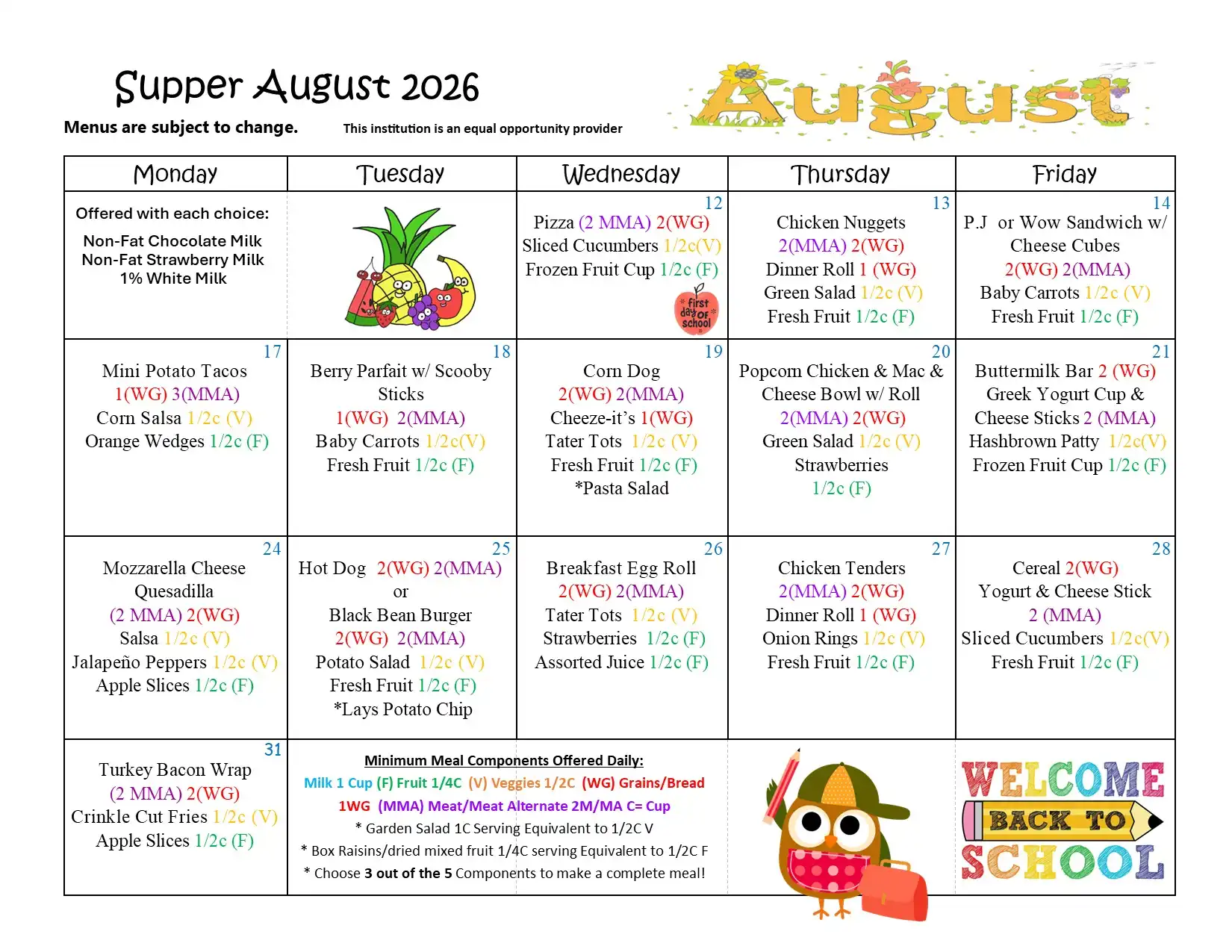 YCUSD Supper Menu August 2026