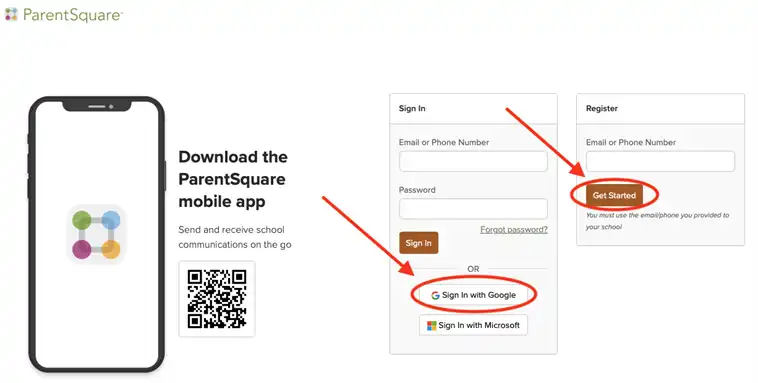 Screenshot of Parentsquare Sign On Page