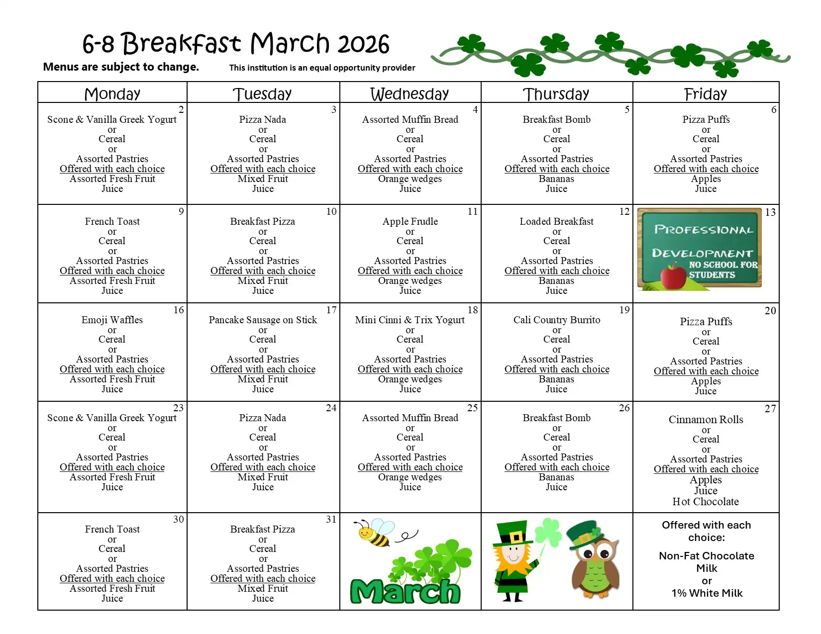 6-8 Breakfast March 2026 Menu