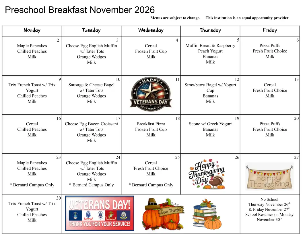 Preschool Lunch Menu November 2026