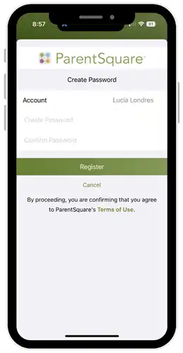 A smartphone screen displaying the ParentSquare "Create Password" registration page for an account named Lucia Londres. The interface includes text fields for "Create Password" and "Confirm Password," followed by a green "Register" button and a "Cancel" link.