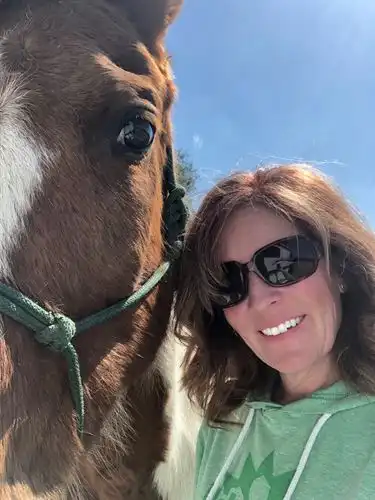 A face shot of a horse and an adult in sunglasses with a clear blue sky backdrop.