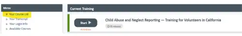 Online training dashboard highlighting "Your Course List" in the left menu, next to the course "Child Abuse and Neglect Reporting — Training for Volunteers in California".