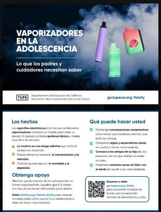 front and back of postcard in Spanish with smokey black background and 3 vaping devices