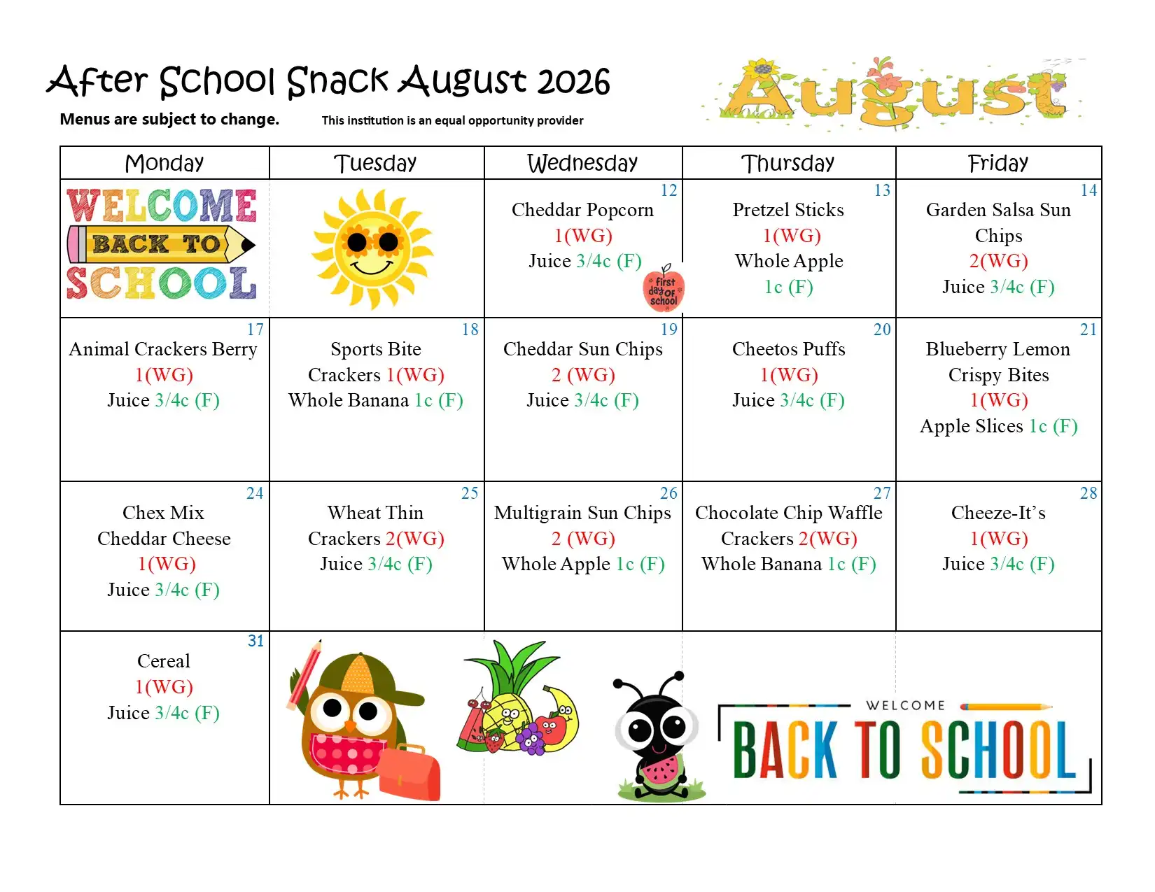 YCUSD After School Snack Menu August 2026