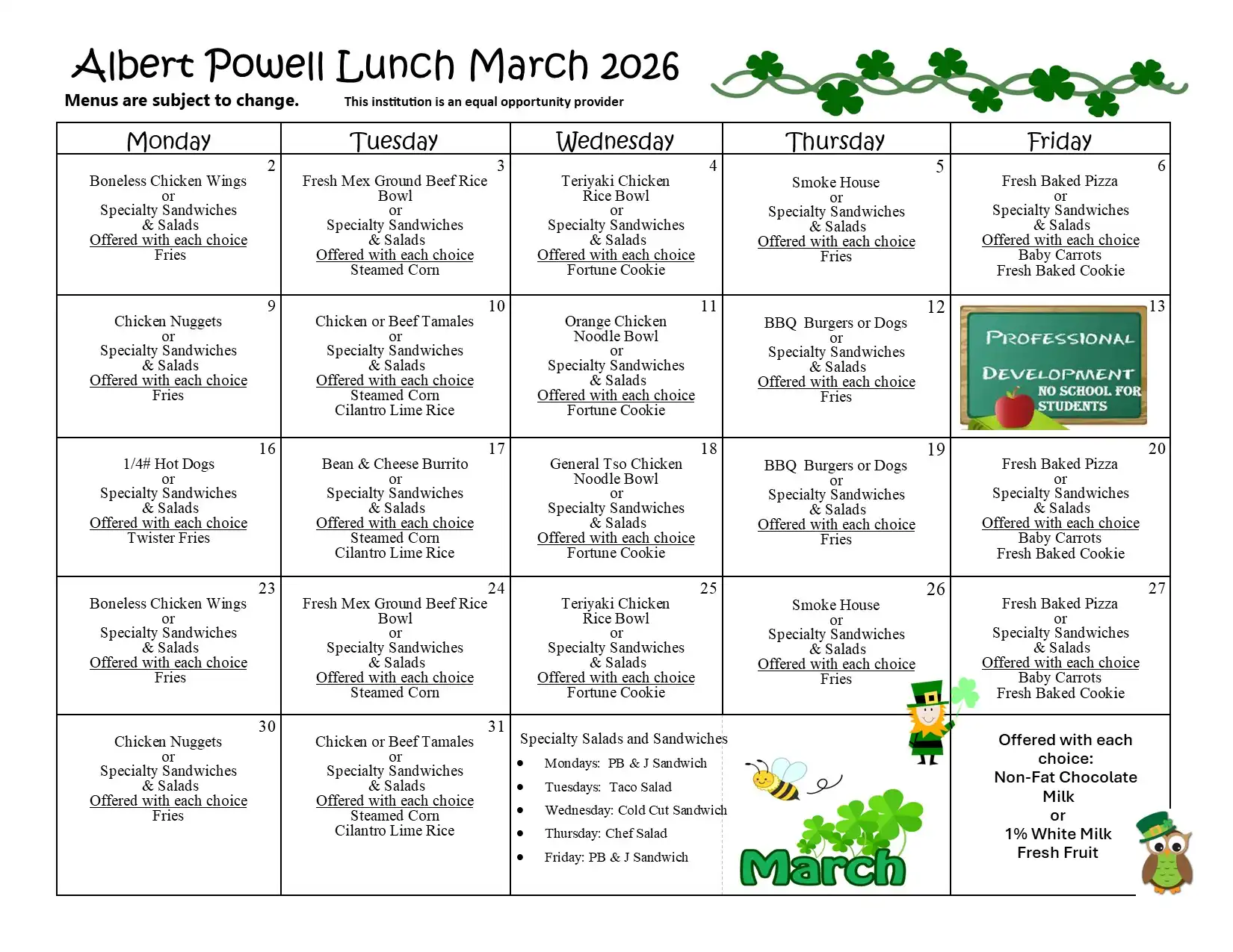 Albert Powell Lunch Menu March 2026