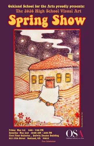 Spring show poster with cat watching house