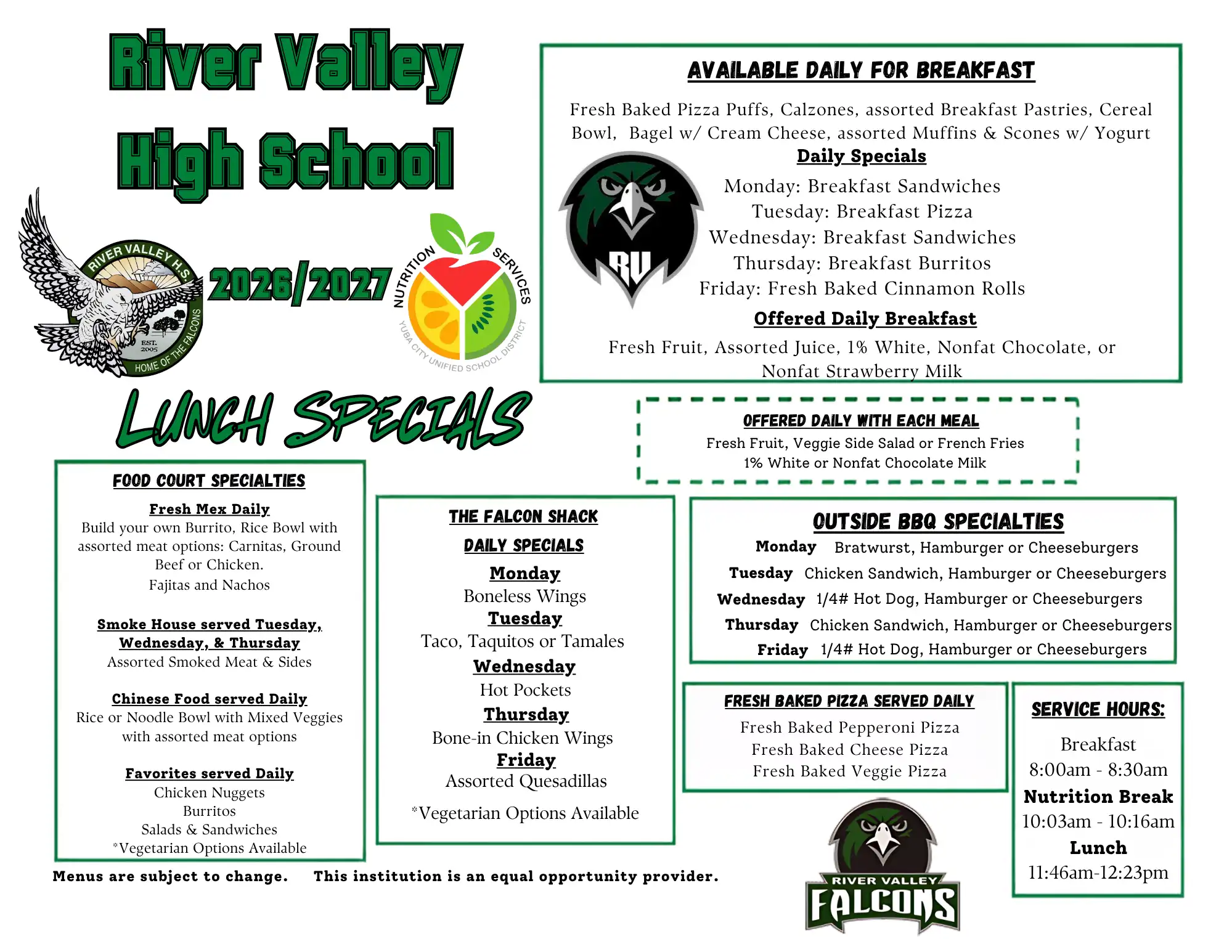 River Valley High School 2026-2027 Menu