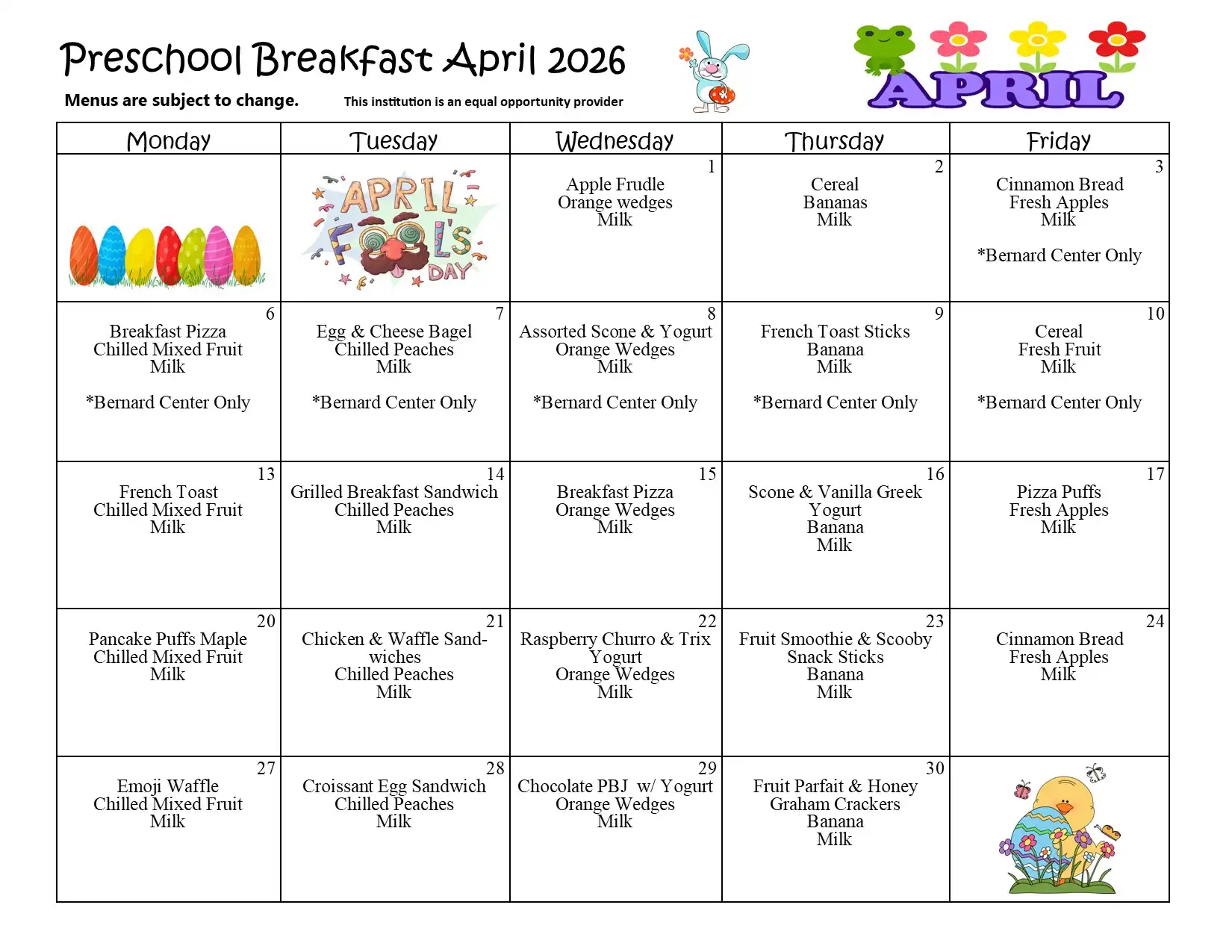 Preschool April 2026 Breakfast Menu