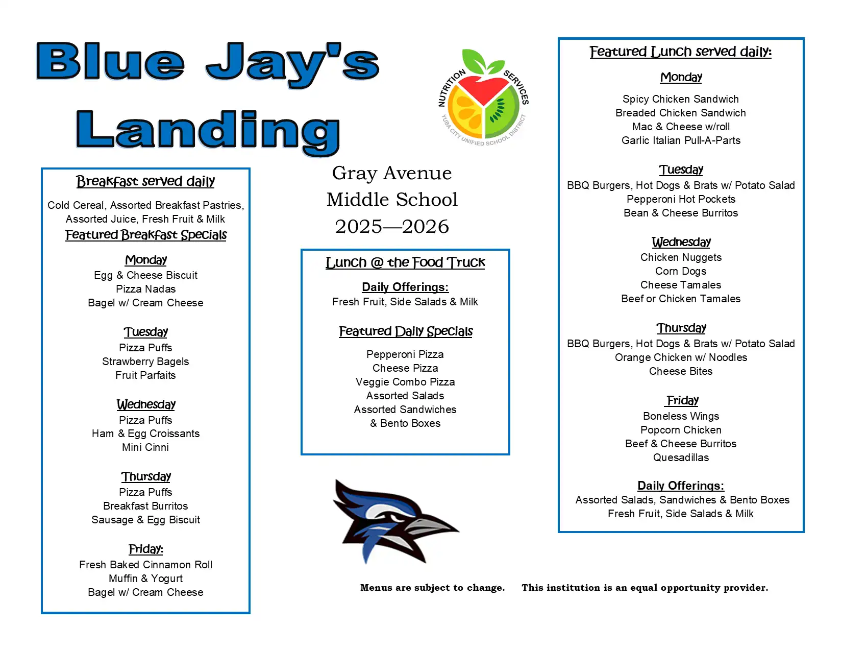 Gray Avenue School Menu 2025-2026