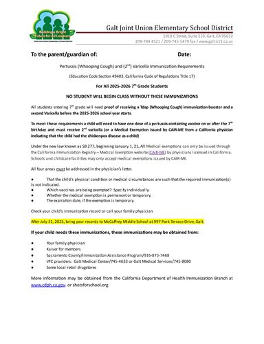 Pertussis parent letter for all 2025-2026 7 th Grade Students - English