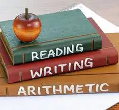 Stack of books, reading, writing, arithmetic