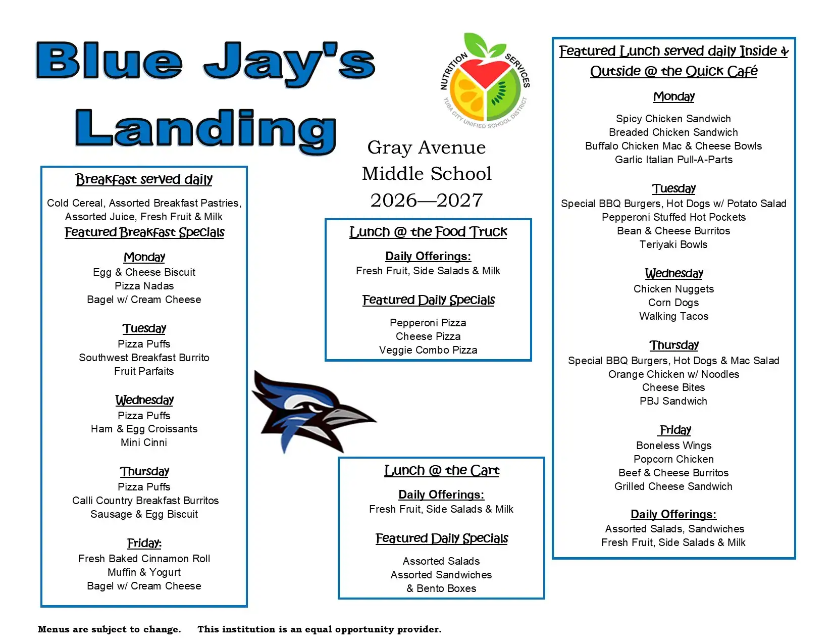 Gray Avenue Middle School 2026-2027 Menu