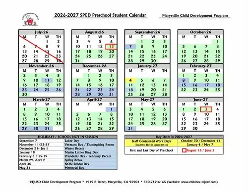 SPED Preschool calendar
