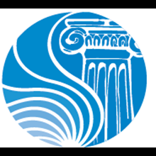 round circle logo with roman columns etched into blue