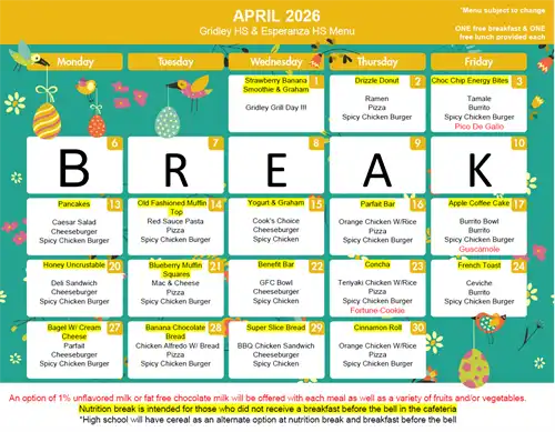 April high school breakfast and lunch menu