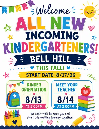Welcome incoming kindergarten students to BHA academy in rainbow font in english