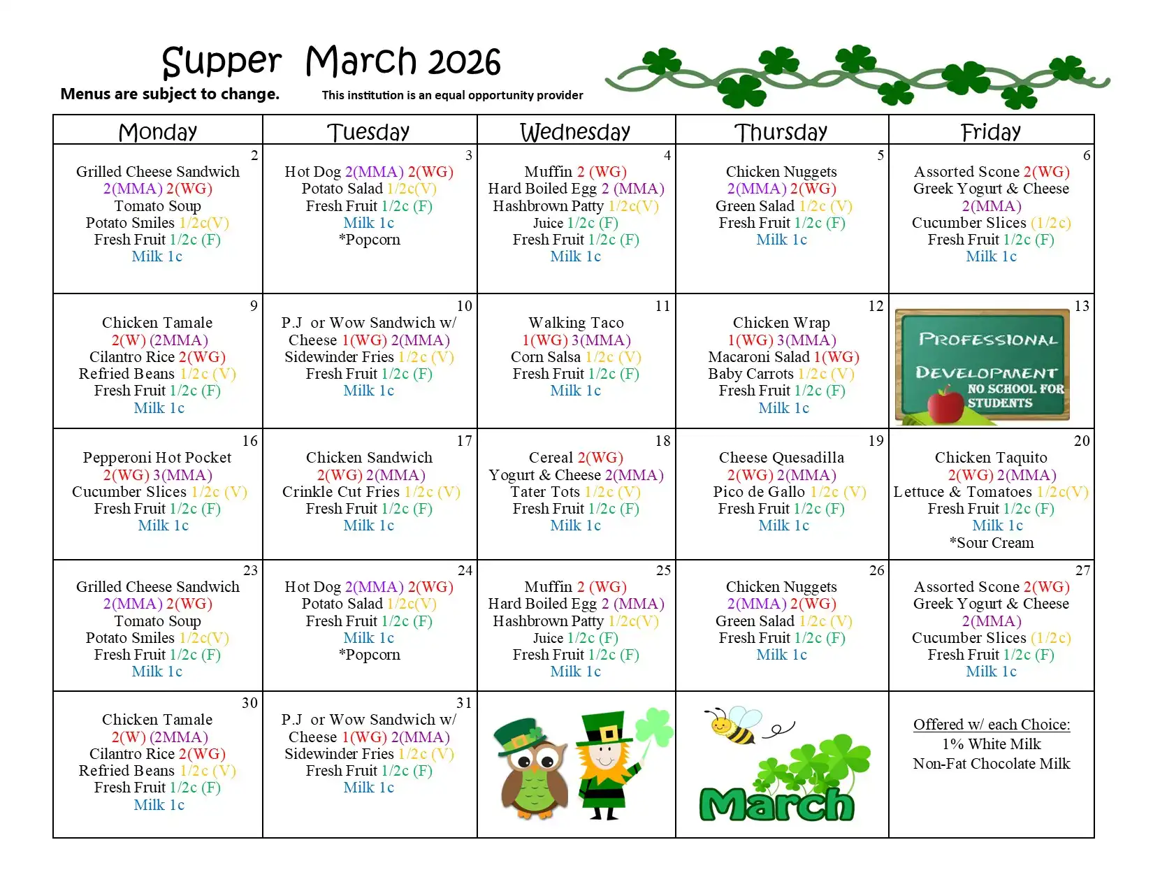 Supper March 2026 Menu
