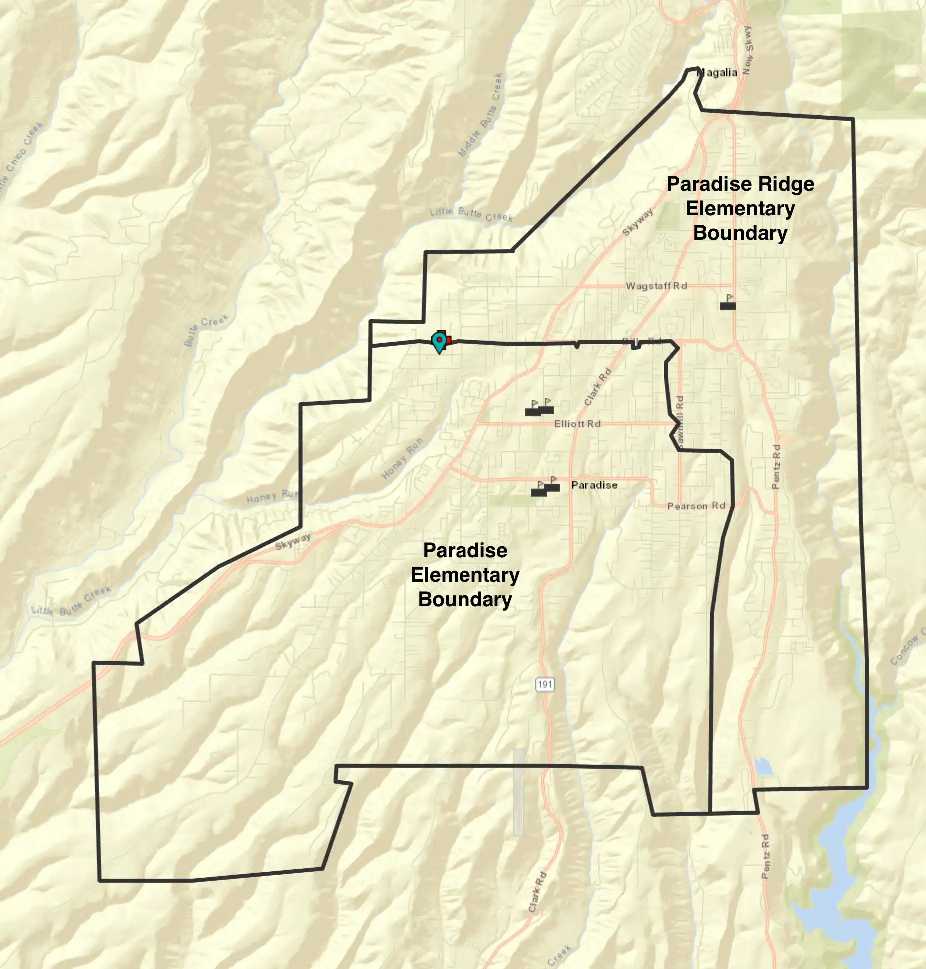 A map of Paradise showing the boundary of Paradise Ridge Elementary and Paradise Elementary