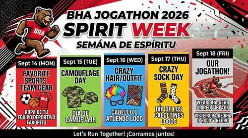 BHA Jogathon 2026 Spirit Week banner in engligh and spanish with a running bear and Monday through Friday information