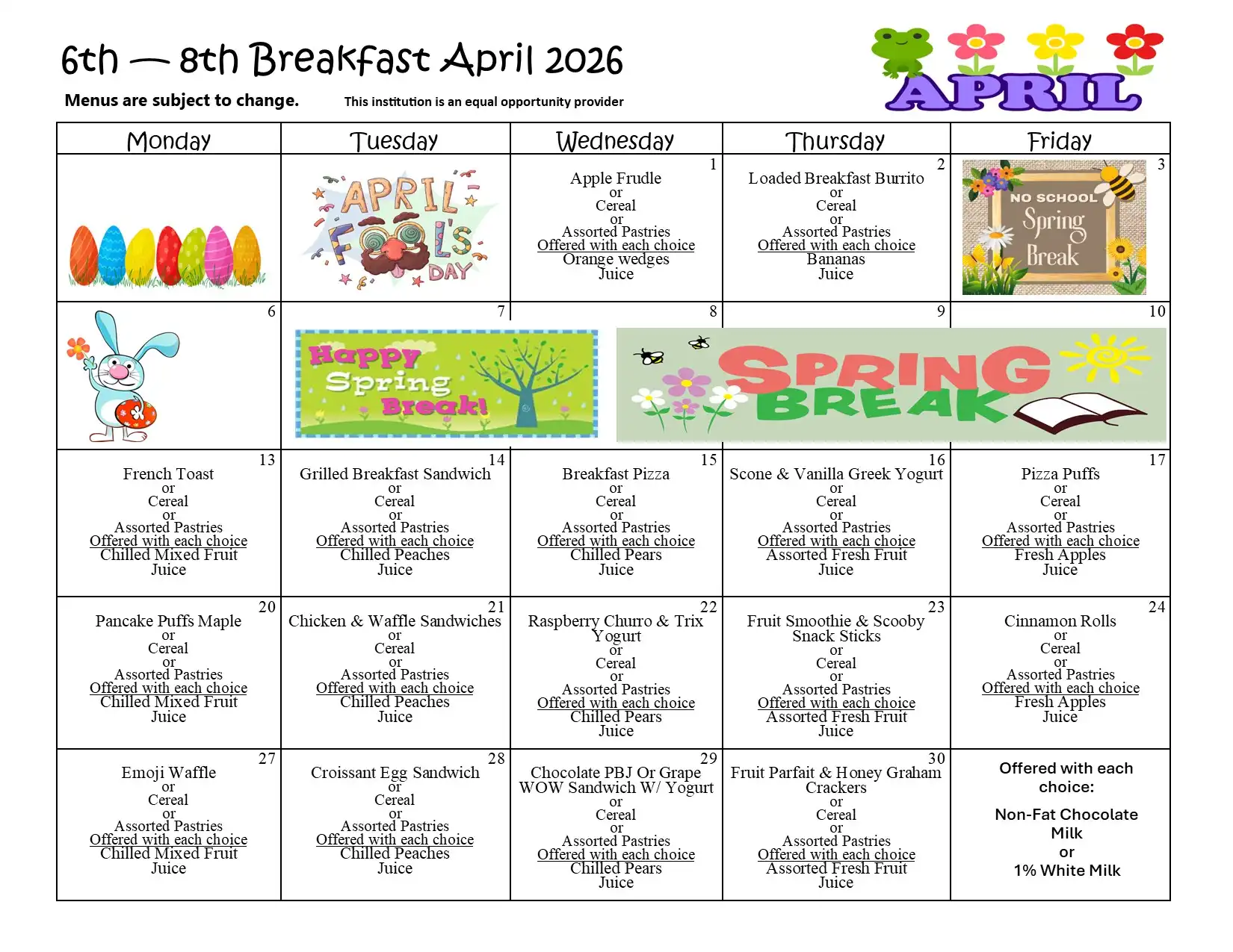 April 2026 6-8 Brunch Menu