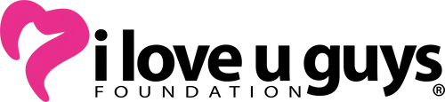 The logo for "the i love u guys FOUNDATION." On the left is a stylized, bright pink heart symbol. To its right, the text "i love u guys" is written in a bold, black sans-serif font, with the word "FOUNDATION" aligned beneath it in a thinner, widely spaced all-caps font. A registered trademark symbol (®) appears at the bottom right.
