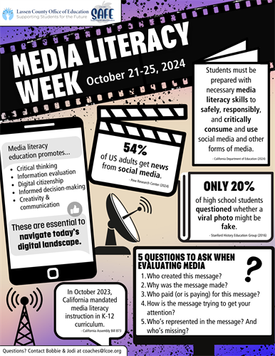 This image is a poster promoting Media Literacy Week, hosted by the Lassen County Office of Education. The poster emphasizes the importance of media literacy skills for students to safely, responsibly, and critically consume and use social media. It provides statistics on news consumption from social media and the percentage of high school students who question the authenticity of viral photos. The poster includes five questions to ask when evaluating media and contact information for further inquiries.