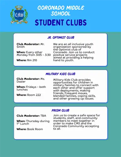 Jr Optimist Club, Military Kids Club, Prism Club