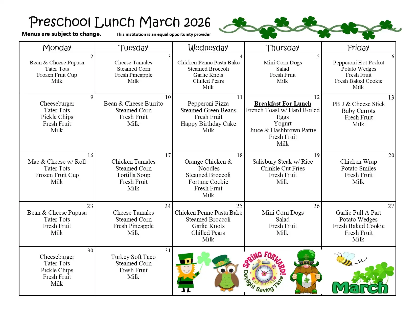 Preschool Lunch March 2026 Menu