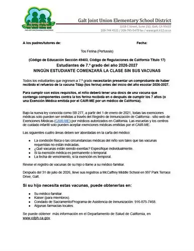 Pertussis Parent Letter Spanish