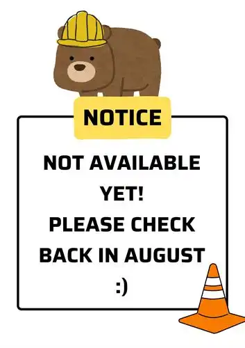 brown bear in yellow construction hat on top of a box with an orange cone that says to check in August for the list