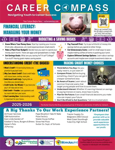 The words career compass newsletter and graphics of a piggy bank and dollar bills.