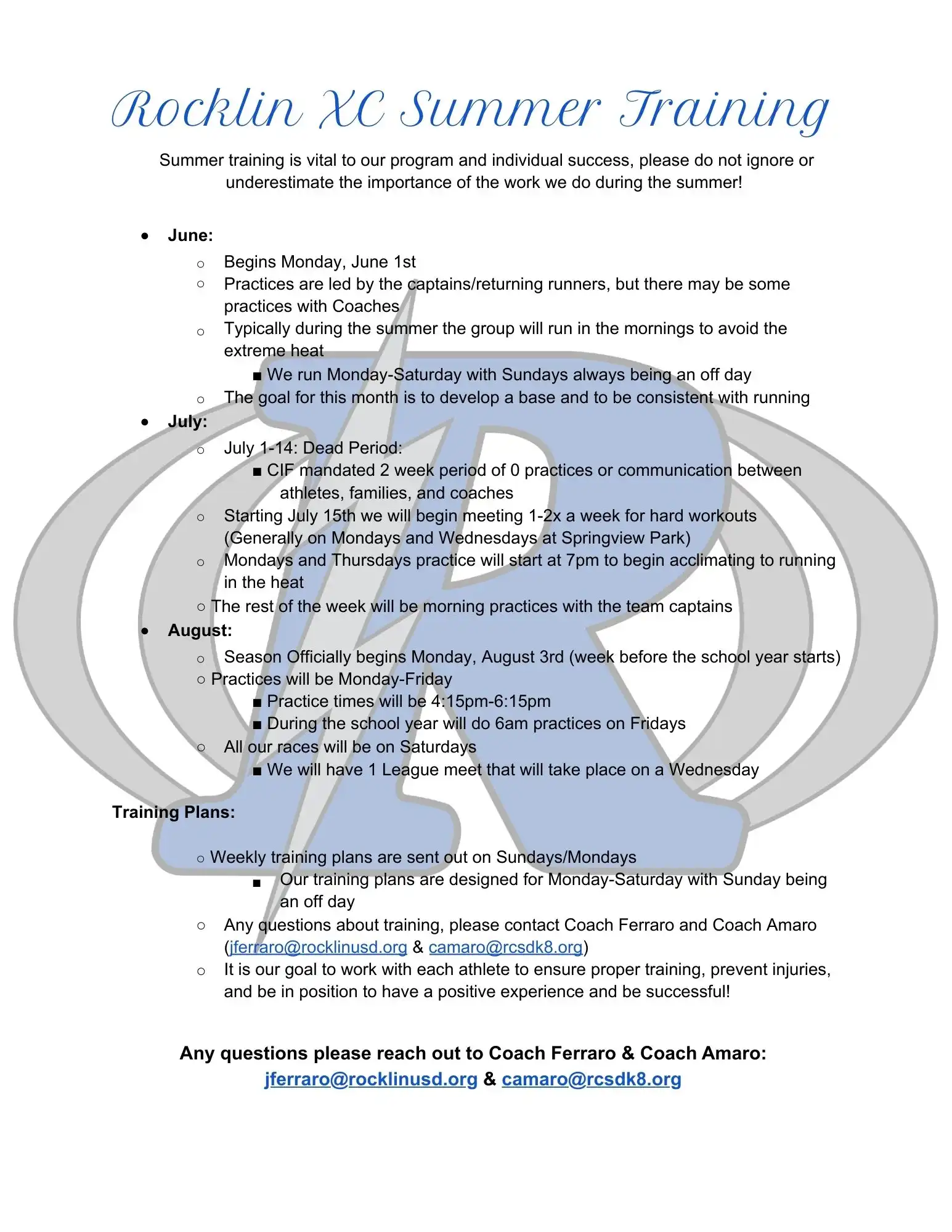 Summer Training Outline