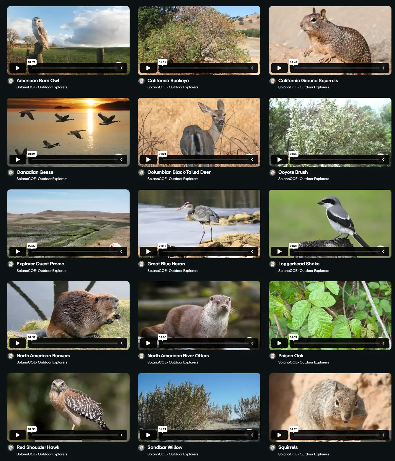 collection of thumbnail images previewing the Solano Outdoor Explorers video series