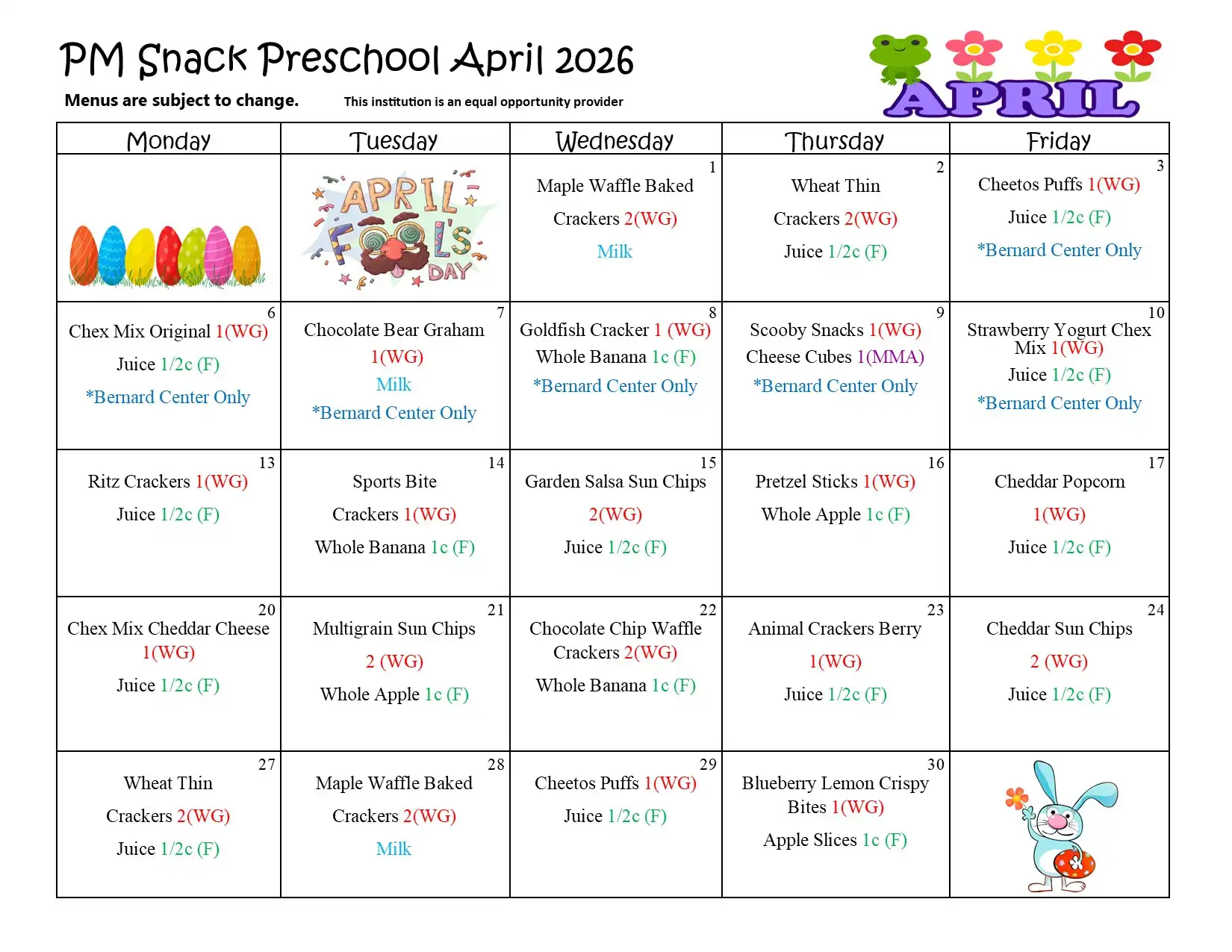 Preschool April 2026 PM Snack Menu