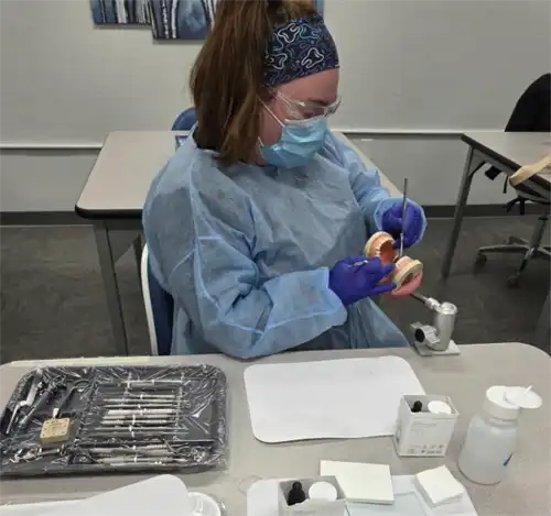 Dental assisting student practicing using tools on a dental model.