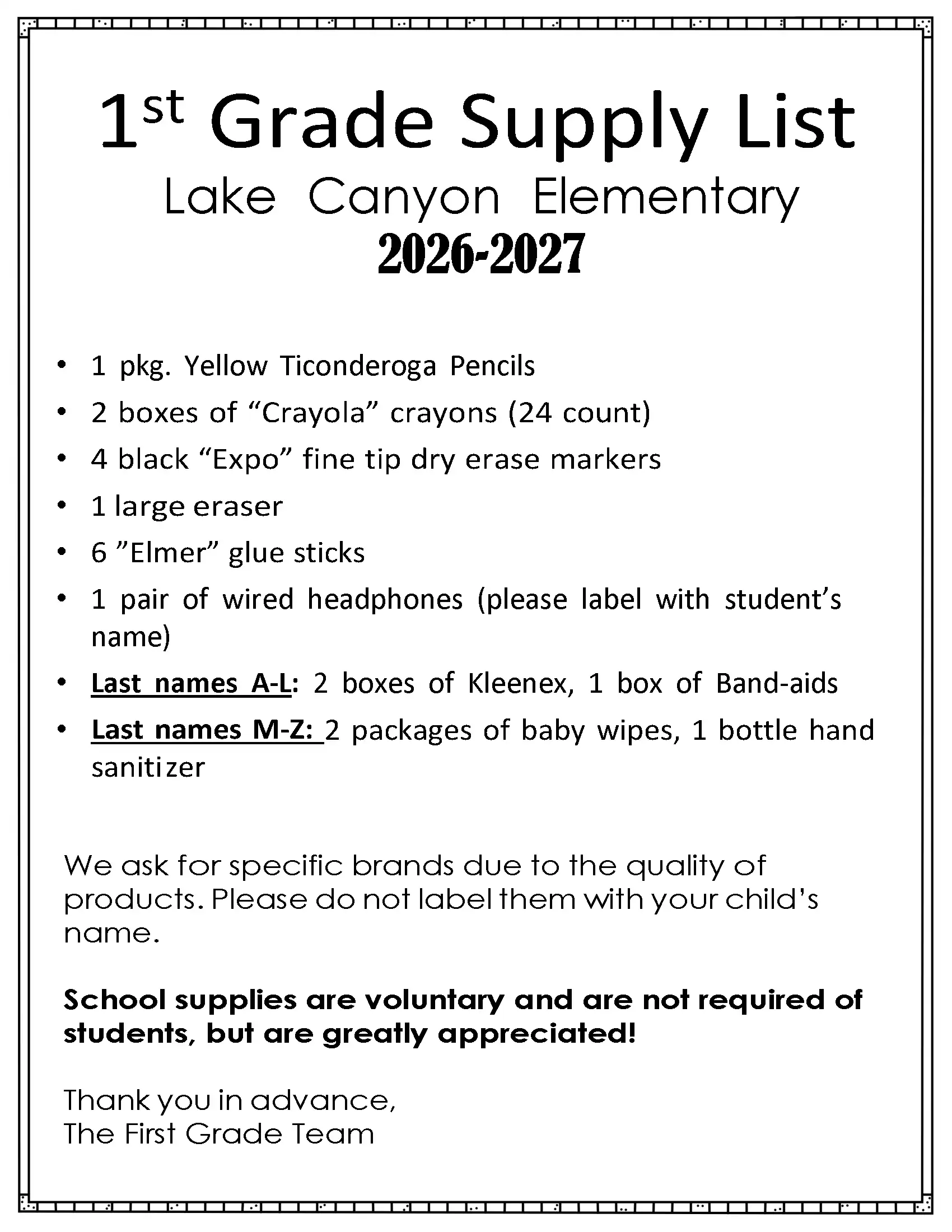 1st grade list