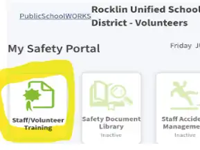 "My Safety Portal" page with a yellow highlight around the "Staff/Volunteer Training" icon tile.