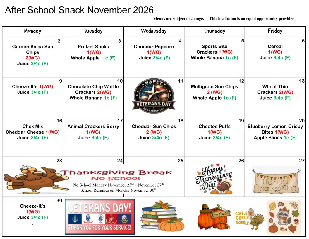 After School Snack Menu November 2026