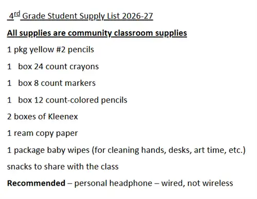 4th grade supply list