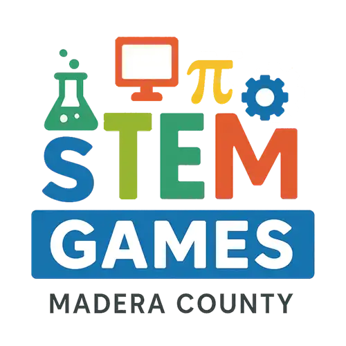 STEM Games Logo with clipart of a beaker and computer screen, a math symbol and a gear. Colors are blue, yellow, green and red