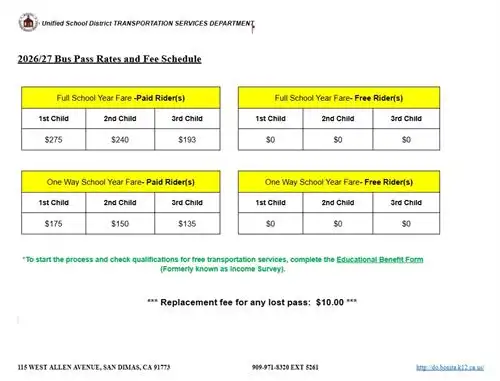 2026/27 Bus Pass Rates and Fee Schedule