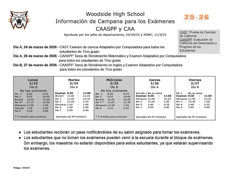 CAASPP Schedule (Spanish) 2025-2026